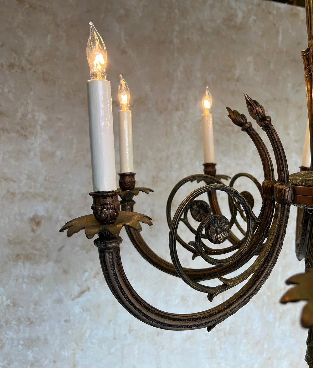Art Deco Brass and Bronze French 1920's Eight Arm Chandelier